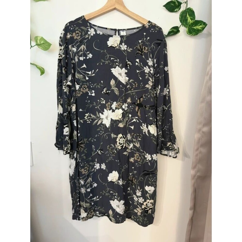 Floral Shift Dress XL Blue Gray Botanical Long Sleeve Mini Dress Bell Sleeves